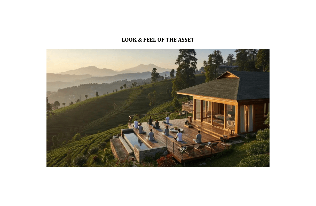 Yoga session on a wooden deck overlooking terraced green hills