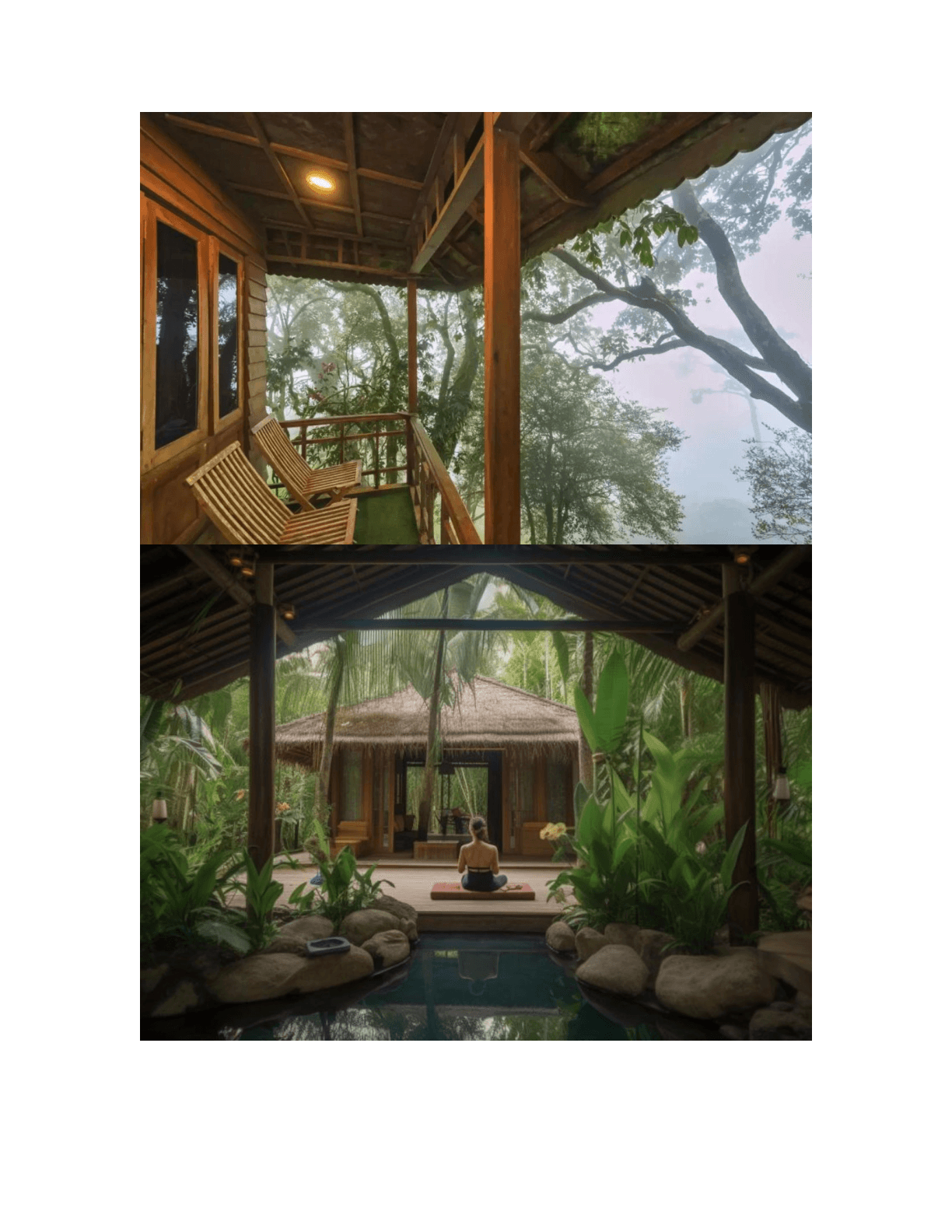 Misty forest balcony and meditation pavilion in tropical greenery