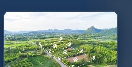 Aerial view of farmland with plotted boundaries and location markers