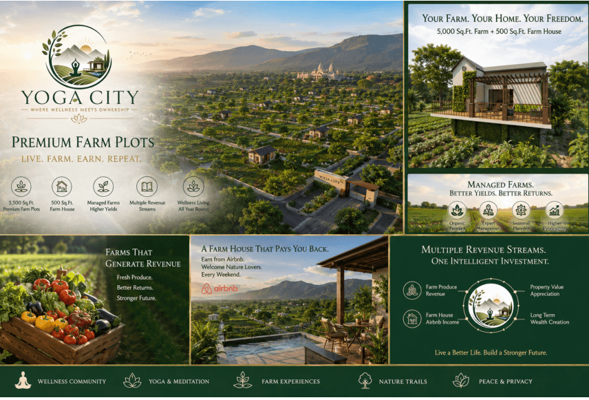 YogaCity master plan, premium farm plots, managed farms, and wellness living