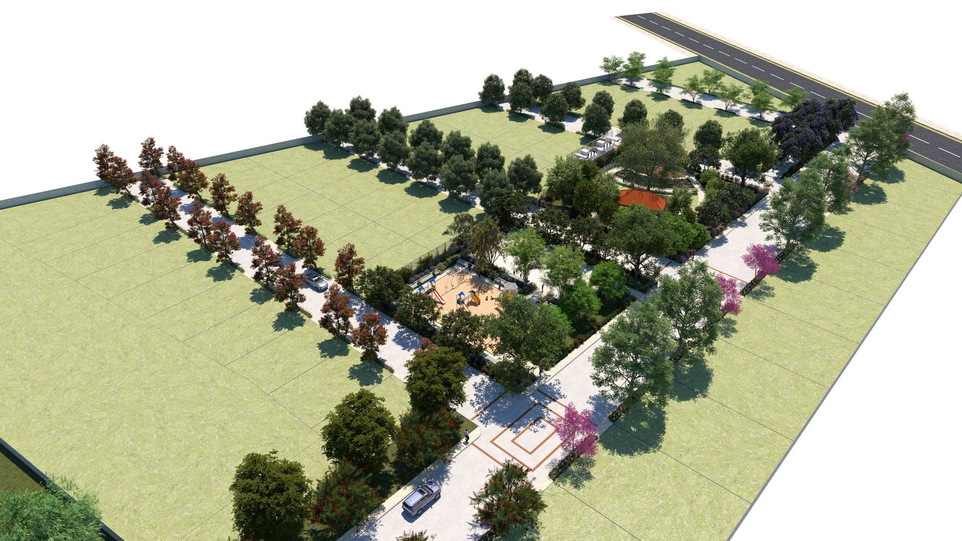 Aerial 3D view of Horsley Meadows residential layout with landscaped plots and amenities