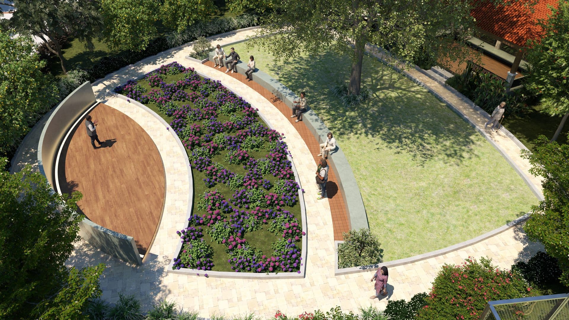 Aerial view of landscaped communal infrastructure at Horsley Meadows