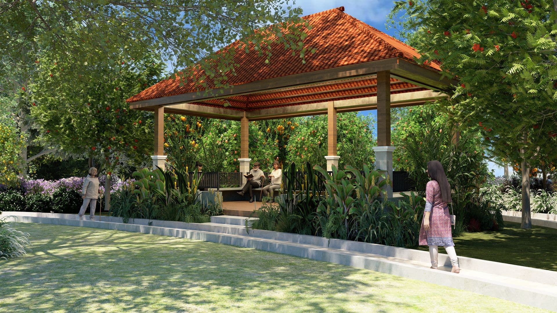 Gazebo and landscaped gardens at Horsley Meadows community infrastructure